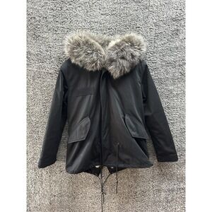 Mr. & Mrs. Italy Fur lined Fox trimmed Hooded Full Zip Parka Jacket in Black M
